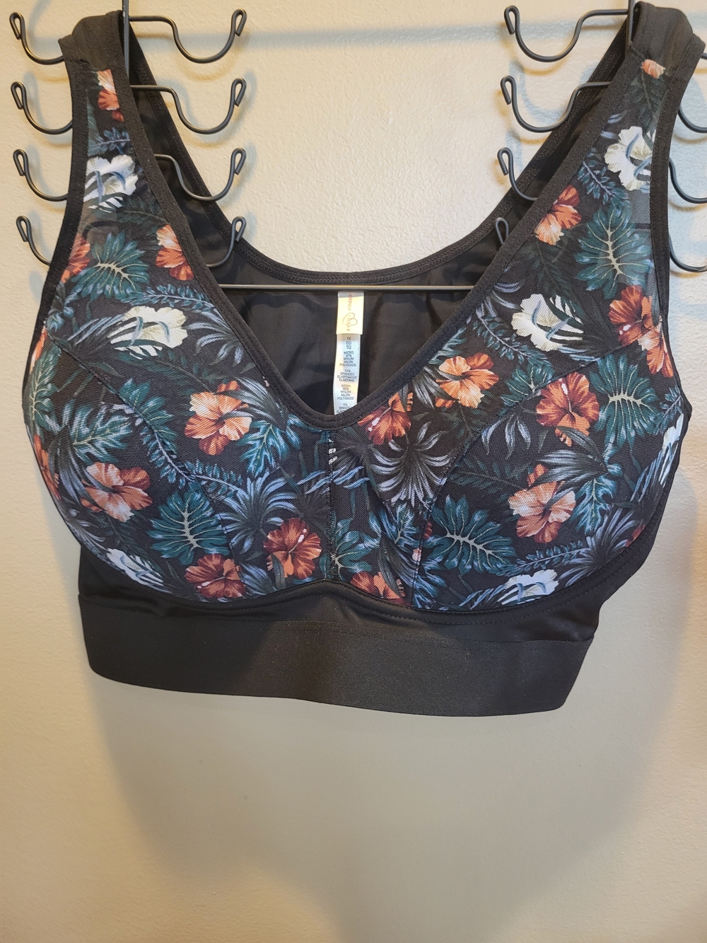 Rhonda Shear Black floral Bra with Teal & Coral Accents